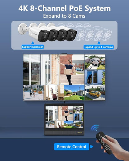 OOSSXX (2026 New) 4K PoE Security Camera System Outdoor, 8CH NVR with 10" IPS Monitor & 1TB HDD, 4 Cameras, 130° Wide Angle, AI Human Detection, Two-Way Audio, No Monthly Fee
