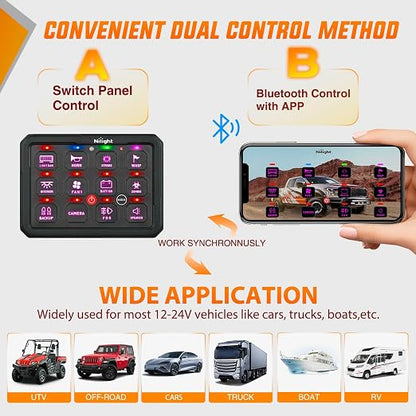 Nilight 12 Gang Switch Panel APP RGB 12V 24V Circuit Control System 4-Mode | Fuse Wiring Harness APP Remote Control Automatic Dimmable Toggle/Momentary/Strobe/Flash for Car Pickup Truck Camper SUV