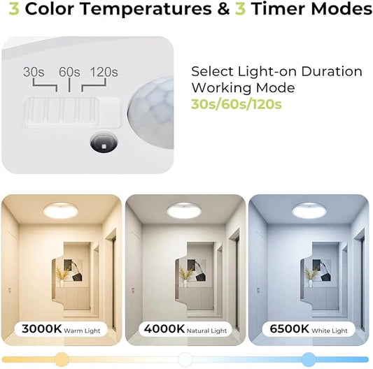hepside 4 Pack Motion Sensor Ceiling Light Wired, 3000K/4000K/6500K LED Flush Mount Ceiling Light Fixture, 12Inch 24W Motion Sensor Light with Timer for Closet Stair Porch Hallway Pantry,White