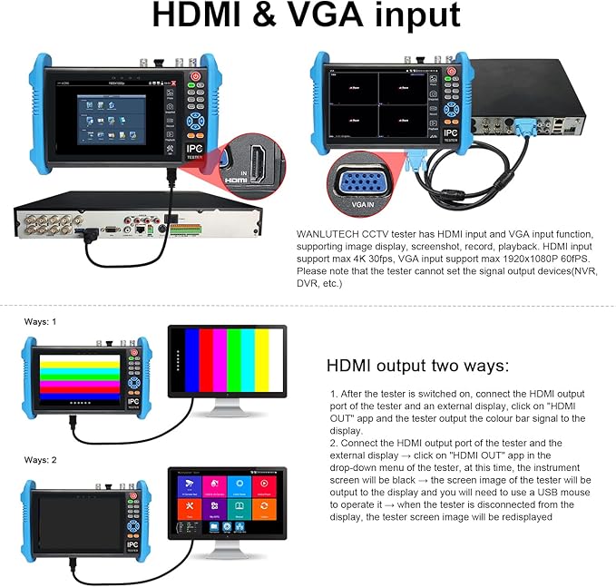 Upgraded 8K IP Camera Tester, WANLUTECH CCTV Tester 7 inch Touchscreen 8MP TVI CVI AHD SDI CVBS Test SFP 90W PoE Power RJ45 Cable Test PoE Network Tools RS485 WiFi HDMI I/O VGA in (IPC-9800ADHS Pro)