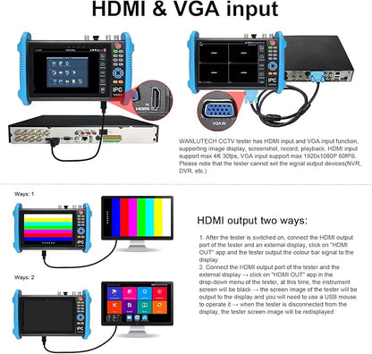 Upgraded 8K IP Camera Tester, WANLUTECH CCTV Tester 7 inch Touchscreen 8MP TVI CVI AHD SDI CVBS Test SFP 90W PoE Power RJ45 Cable Test PoE Network Tools RS485 WiFi HDMI I/O VGA in (IPC-9800ADHS Pro)