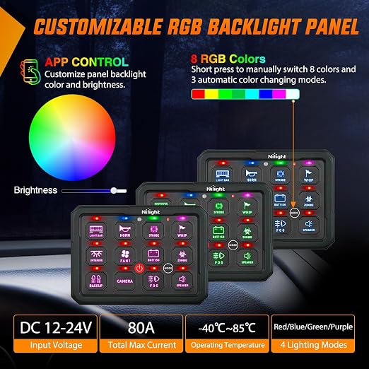Nilight 12 Gang Switch Panel APP RGB 12V 24V Circuit Control System 4-Mode | Fuse Wiring Harness APP Remote Control Automatic Dimmable Toggle/Momentary/Strobe/Flash for Car Pickup Truck Camper SUV