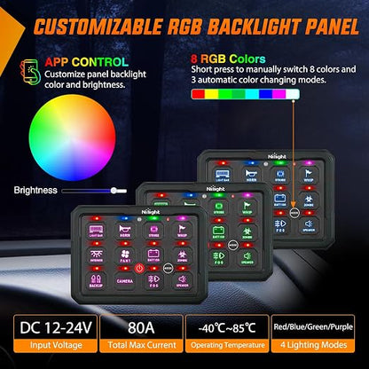 Nilight 12 Gang Switch Panel APP RGB 12V 24V Circuit Control System 4-Mode | Fuse Wiring Harness APP Remote Control Automatic Dimmable Toggle/Momentary/Strobe/Flash for Car Pickup Truck Camper SUV