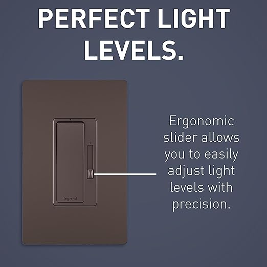 Legrand Radiant 450W Preset Decorator Rocker LED Dimmer Light Switch, with Locator & Screwless Wall Plate for Dimmable LED & CFL Bulbs, Single Pole/3-Way, RH453PWPDB, Dark Bronze, 1 Count