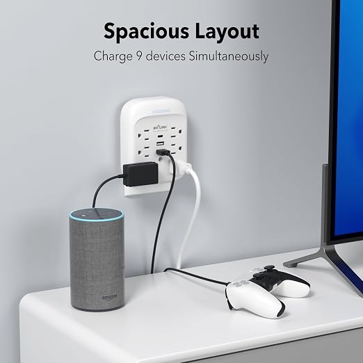 BN-LINK Surge Protector USB Wall 6 Outlet Extender with 3 USB Ports (USB C), Multi Plug Outlet Expander, Electrical Splitter for School, Travel, Office, Home, ETL Listed
