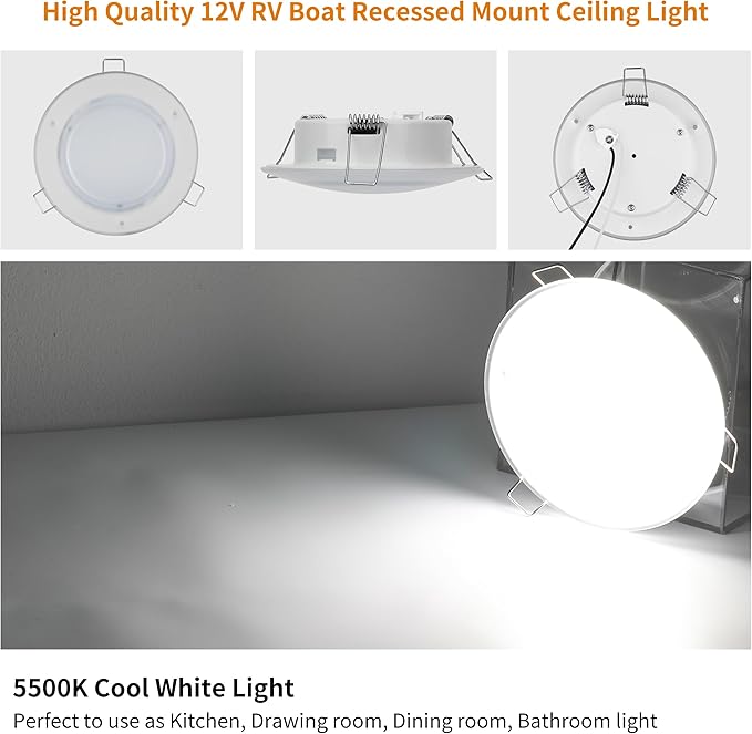 RVZONE 4.5 Inch RV Boat Recessed LED Ceiling Light 12 Volt LED RV Puck Light Cool White, 12V RV Interior Lighting Downlight for Under Cabinet Camper Van Truck Boat Yacht