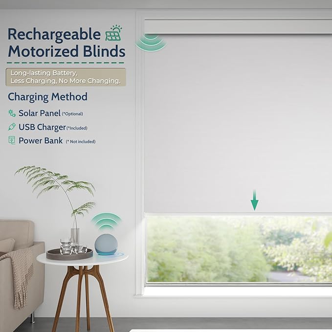 Motorized Blinds with Remote, Blackout Rechargeable Automatic Roller Shades, Cordless Smart Blinds Compatible with Alexa, Custom Blind for Indoor Windows, Summer-Haze White