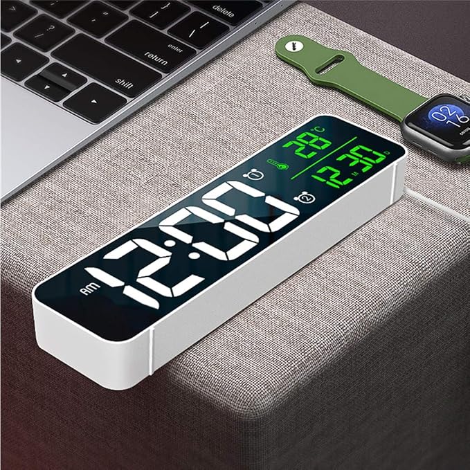 Digital Clock, Clock for Bedroom, Clocks for Living Room Decor, Desk Table Clock, Alarm Clock Large Display with Date Week Temperature, Automatic Brightness Dimmer, Smart Cool Modern (White green)