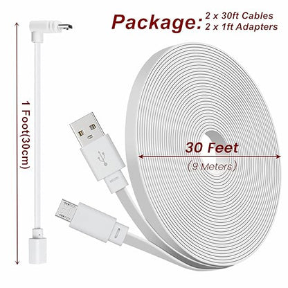 2-Pack 30ft Power Cable for Wyze Cam v4,Wyze Cam Pan v3,Wyze OG,Wyze Cam v3 Pro Security Cameras - 9m Long Flat Extension Micro USB Charging Cord with L-Shaped Short Adapter & 18W Fast Charger, White