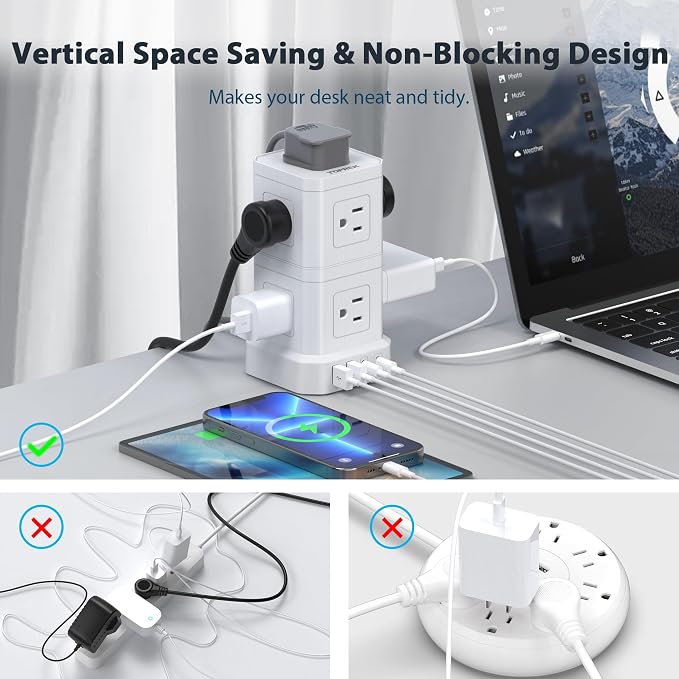 Power Strip with USB, TOPREK Power Strip Tower with 9 Outlets, 2 USB-C, 2 USB-A, Convertible Outlet Extender & Desk Charging Block, 6.5 FT Flat Plug Extension Cord for Home Office, Kitchen 1625W/13A