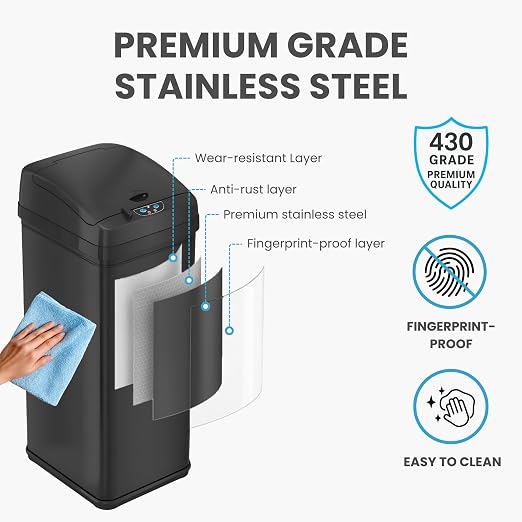 iTouchless 13 Gallon Sensor Trash Can with Lid, Pet Lock & Odor Filter, Patented 50L Automatic Motion Sensor Kitchen Garbage Can Luxury Fingerprint-Proof Stainless Steel Rectangular Wastebasket, Black