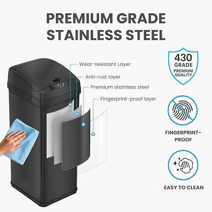 iTouchless 13 Gallon Sensor Trash Can with Lid, Pet Lock & Odor Filter, Patented 50L Automatic Motion Sensor Kitchen Garbage Can Luxury Fingerprint-Proof Stainless Steel Rectangular Wastebasket, Black