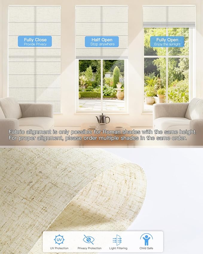 Motorized Roman Shades for Windows, Custom Light Filtering Roman Blinds with Remote, Smart Privacy Window Shades for Living Room Kitchen Office, Alexa & Google Home Compatible, App Control via RF Hub