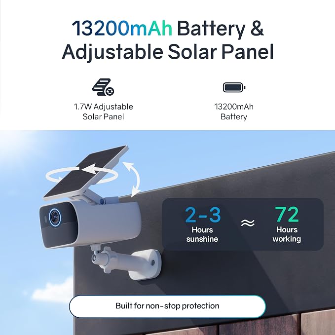4K Security Camera Wireless Outdoor, Cameras for Home Security with Adjustable Solar Panel, AI Motion Detection, 24/7 Snapshot Recording, Color Night Vision, 2.4GHz WiFi, No Monthly Fee