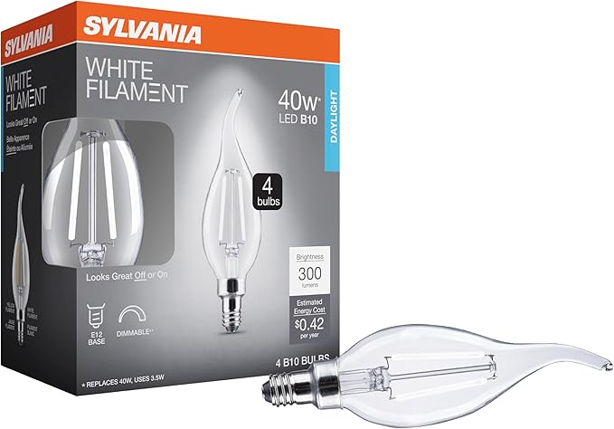 Sylvania B10 Clear LED White Filament Bulb, 3.5W, Dimmable, 300 LMS, Candelabra Base, 5000K, Daylight - 4 Pack (41847)