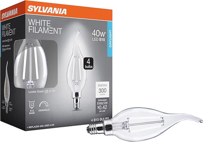 Sylvania B10 Clear LED White Filament Bulb, 3.5W, Dimmable, 300 LMS, Candelabra Base, 5000K, Daylight - 4 Pack (41847)
