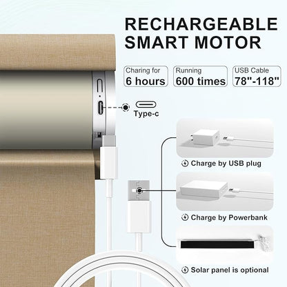 BERISSA Smart Motorized Blinds with Remote,No Drill Automatic Roller Blinds for Indoor Windows,Blackout Linen Fabric,Electric Shades for Windows Home Office,Linen Beige,Custom Size