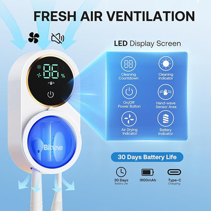 Bitvae Upgraded Tooth Brush Holder for Bathroom 2.0 Infrared Sensing | Toothbrush Cleaner, Wall-Mounted for Most Size Toothbrushes, Air Drying, LED Smart Screen, White Gold Trim