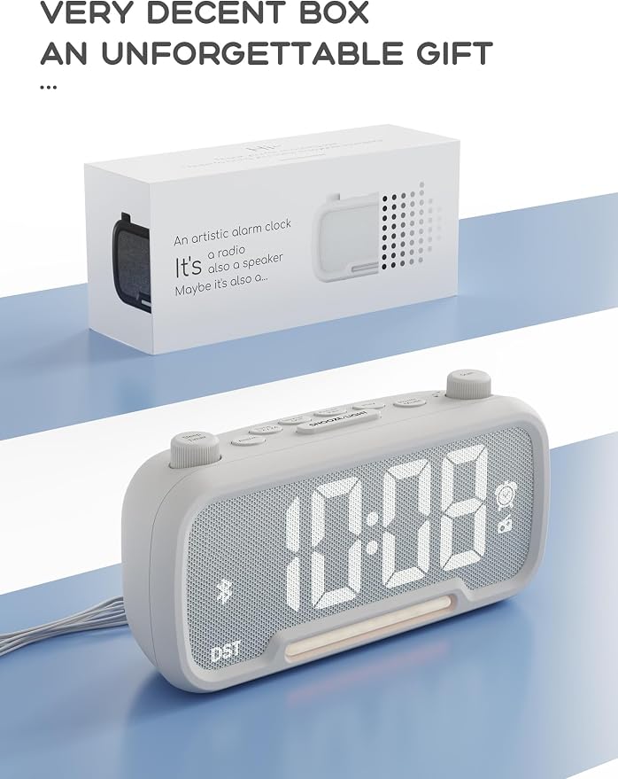 ROCAM Clock Radio, FM Radio Alarm Clock for Bedroom Modern Design, Auto Scan 20 Presets Auto-Off Sleep Timer, Bluetooth Speaker, Night Light, USB Ports, Brightness Dimmer