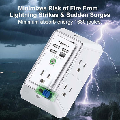 3-Sided Outlet Extender with Night Light - POWRUI Multi Plug Outlet with 5 Outlets and 4 USB Ports(1 USB-C), USB Wall Charger for Home, Office, Travel, ETL Listed, White