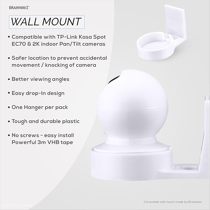 BRAINWAVZ Wall Mount for Kasa EC70 Spot & 2K Indoor Pan/Tilt, Adhesive Holder for TP Link Spot Smart Security Cameras, Installs in Minutes, No Mess Hanger Bracket (White)