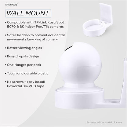 BRAINWAVZ Wall Mount for Kasa EC70 Spot & 2K Indoor Pan/Tilt, Adhesive Holder for TP Link Spot Smart Security Cameras, Installs in Minutes, No Mess Hanger Bracket (White)