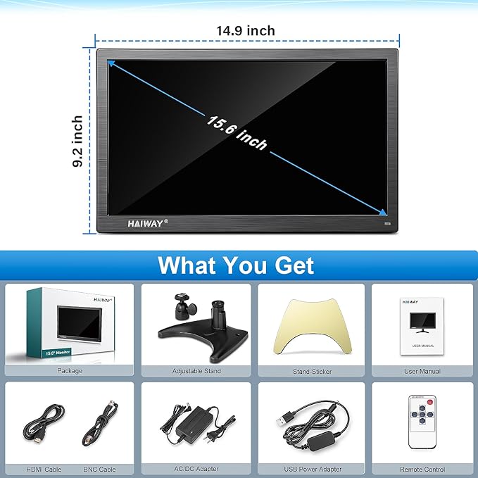 Haiway 15.6 Inch Small HDMI Monitor, 1366x768 Resolution Security CCTV Monitor with HDMI BNC VGA AV USB Ports, Built-in Speakers LED Monitors for PC, Laptop and Computer for Home Office Warehouse