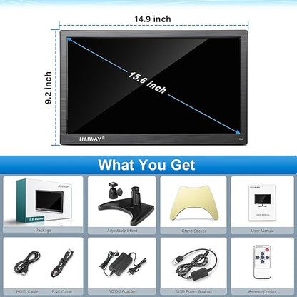 Haiway 15.6 Inch Small HDMI Monitor, 1366x768 Resolution Security CCTV Monitor with HDMI BNC VGA AV USB Ports, Built-in Speakers LED Monitors for PC, Laptop and Computer for Home Office Warehouse