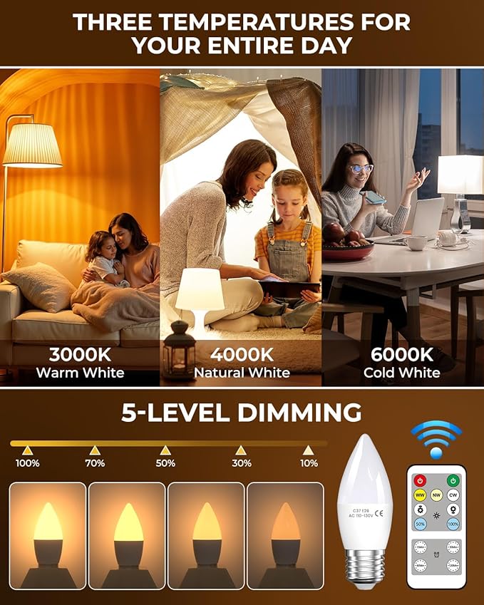 Lustaled 4W E26 LED Light Bulb with Remote Control, Dimmable B11 Edison Candle Light Bulbs 40 Watt Equivalent, 3 Color 3000K/4000K/6000K & Timer, 120V Candelabra Medium Base for Lamps, Chandeliers
