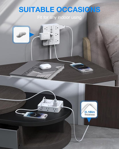 Extension Cord Power Strip, HUNIAN 10Ft Flat Plug Extension Cord | 12 Widely Spaced Multiple Outlets 6 USB (2 USB C Ports), Outlet Extender with Power Switch for Home Office Supplies, White