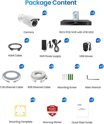 ZOSI 16CH 4K PoE Security Camera System with Audio, 16 x 8MP Outdoor Metal Bullet Cameras, People Counting, Person/Vehicle Detection, 16 Port 32-Channel NVR with 4TB HDD for Commercial 24/7 Recording