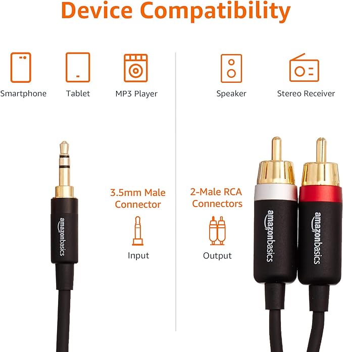 Amazon Basics 3.5mm Stereo Aux to 2 RCA Audio Cable Adapter for Sound, Connecting Amplifiers, Speakers, Smartphone, Tablet with Gold-Plated Plugs, 4 Feet/1.2 m, Black