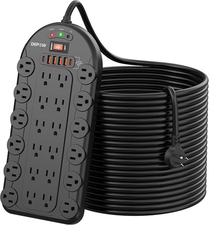 DEPOW 25 Ft Power Strip Surge Protector (3,400 Joules), DEPOW 24 AC Multiple Outlets (1875W/15A) with 6 USBs (2 USB-C Ports), ETL Listed, Heavy Duty Long Extension Cord for Home, Office, Black