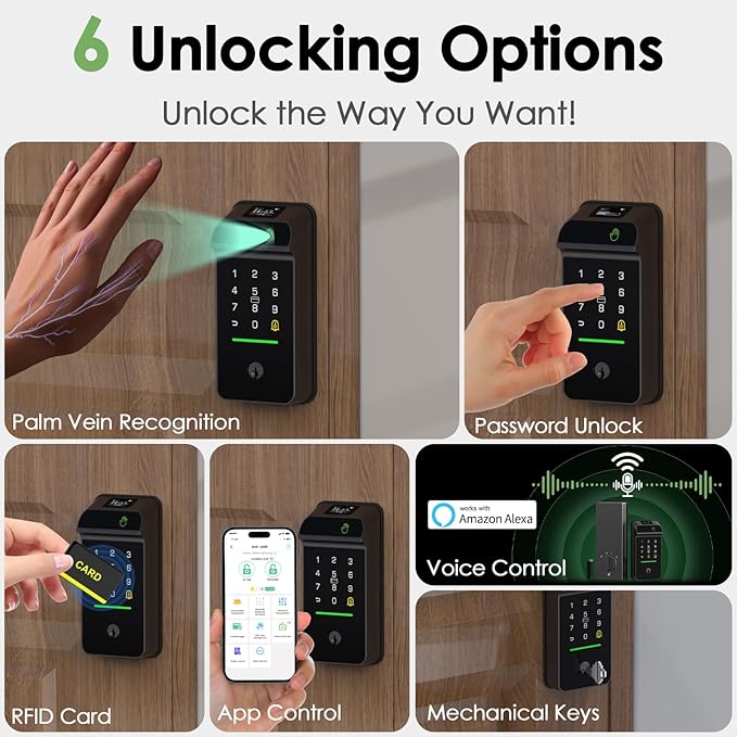 Eseesmart Smart Lock with Palm Vein, Keyless Entry Smart Locks with Doorbell, Upgraded 10000mAh Rechargeable Battery, Built-in WiFi Alexa Control with Display Screen, Auto-Lock, IP65 Waterproof