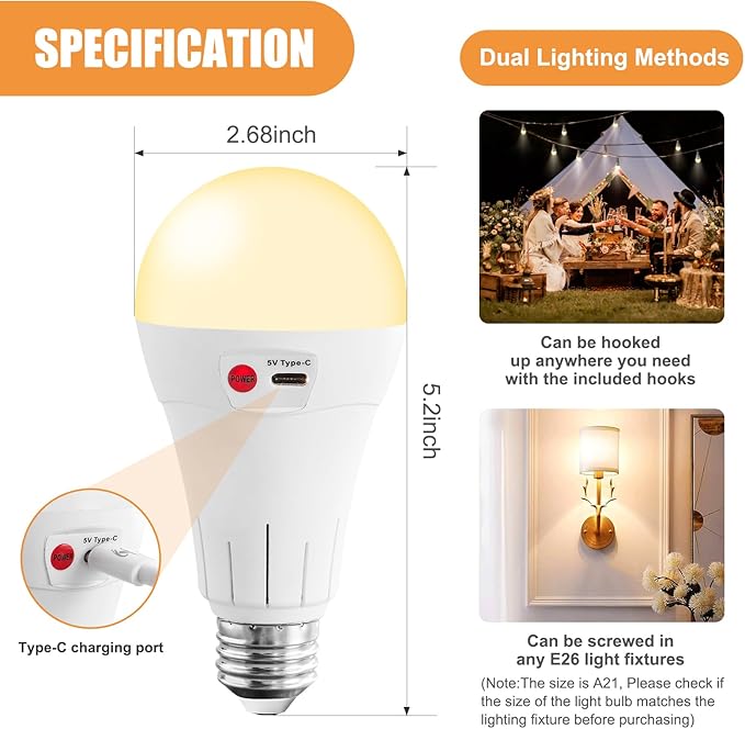 Vitnucrol 1 Pack Rechargeable Light Bulbs with Remote, E26 Wireless Battery Operated Light Bulb for Lamps, 2600mAh Dimmable Timer A21 Standard Emergency LED Light Bulbs for Power Outages, 7W, 300LM