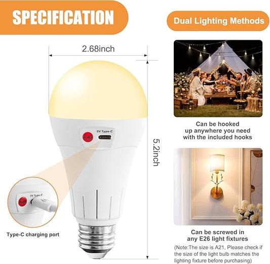 Vitnucrol 1 Pack Rechargeable Light Bulbs with Remote, E26 Wireless Battery Operated Light Bulb for Lamps, 2600mAh Dimmable Timer A21 Standard Emergency LED Light Bulbs for Power Outages, 7W, 300LM