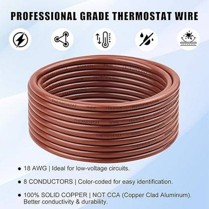 18/8 Thermostat Wire 40FT, 18 AWG 8-Conductor Solid Bare Copper HVAC Control Cable, CL2 Rated for in-Wall Installation, Perfect for Smart Thermostats, Doorbells & Security Systems