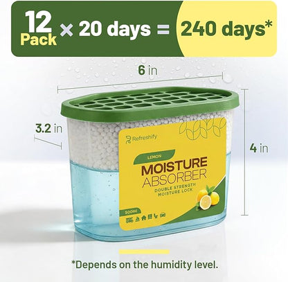 Premium Moisture Absorbers and Dehumidifier Tubs – High-Efficiency Closet Dehumidifier and Dehumidifier for Car, Odor Control Lemon Scent, 12 Pack, 7.5 Oz