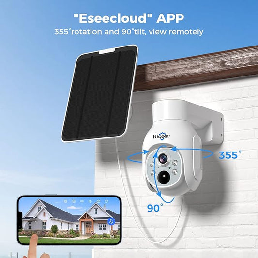 Hiseeu Solar Security Camera Outdoor, 4PCS 4MP Wireless Security Camera System with 10in LCD, 2-Way Audio, PT 360°, Night Vision, Motion Detection, 2.4G WiFi, No Subscription fee