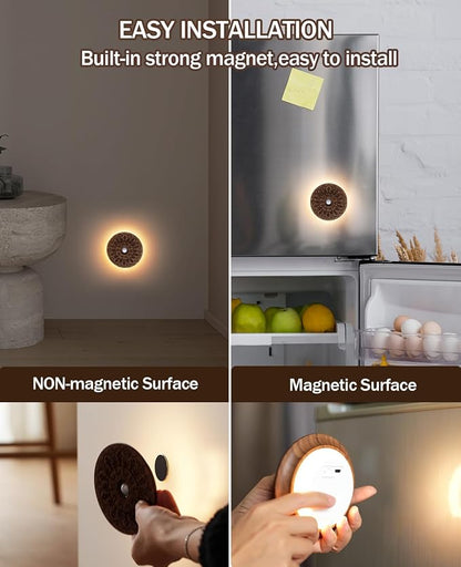 Carved Flower Wood Motion Sensor Night Light, Rechargeable Magnetic