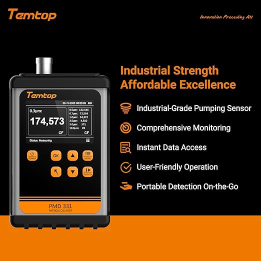 Temtop PMD331 Professional Particle Counter, 7-Channel Handheld Laser Dust Monitor (0.3-10μm), ISO 21501-4 Certified for Cleanroom, Laboratory & HVAC, 2M+ Data Logger with RS485 Modbus