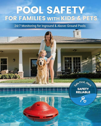 Smart Pool Alarm with App for Inground & Above Ground Pools, Adjustable Sensitivity Water Detection Alarm up to 20x40ft, 85dB+ Safety Alerts for Kids, Pets & Accidental Entry(Red)