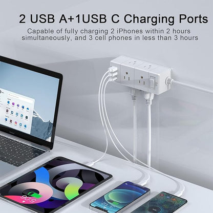 15Ft Extension Cord Flat Plug Power Strip - Tcstei 3-Side Outlet Extender with 6 AC Outlets and 3 USB Ports (1 USB C), Compact for Home, Office, Dorm Room Essentials, White