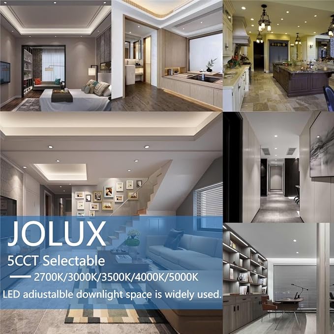 Jolux 4-Pack 5/6" 5CCT Retrofit LED Recessed Lighting,Selectable 2700K/3000K/3500K/4000K/5000K,12W=60W,800Lumen,Dimmable Can Lights,Adjustable Retrofit Downlight Installation,Bevel Trim