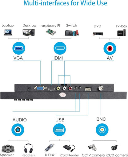 10.1" Security Monitor, 1280 x 800 HD Display, 16:10 IPS Metal Portable Mini CCTV Monitor, HDMI VGA BNC AV USB Ports, Built-in Speakers & Remote Control, for DVR, PC, Raspberry Pi