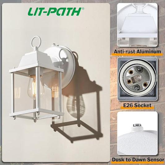 LIT-PaTH Dusk to Dawn Outdoor Wall Lantern, Wall Sconce, Waterproof Proch Light Fixture E26 Base, Aluminum Housing Glass Shade, Outdoor Rated, 2-Pack, White