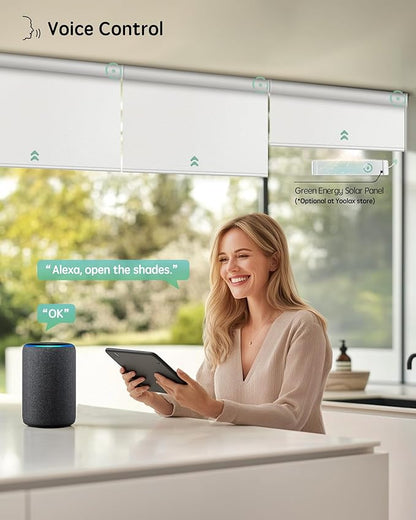 Yoolax Motorized Blinds with Remote, 100% Blackout Smart Blinds Work with Alexa, Google, Apple Homekit, Motorized Shades for Bedroom, Custom Electric Shades Voice Control (Fabric White)