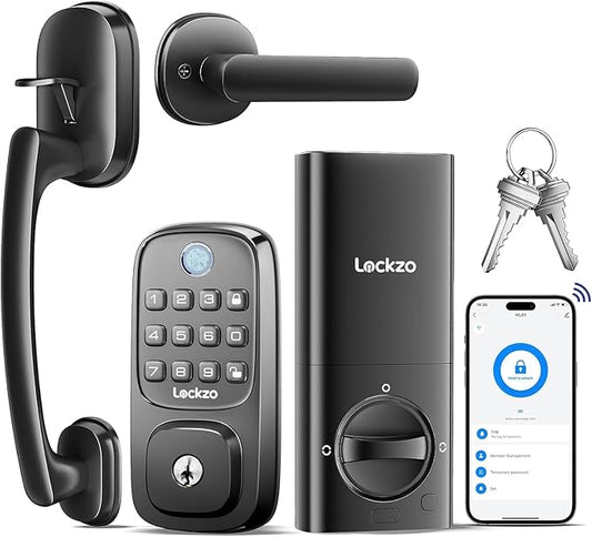 Lockzo Smart Door Lock with Handle, Keyless Entry Door Lock Deadbolt Handle Set, Built-in WiFi Deadbolt Smart Lock for Front, Fingerprint, Keypad Code, App Control, Voice Control