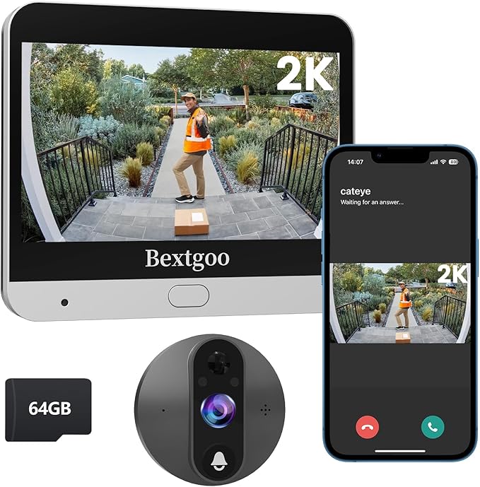 Peephole Camera, Bextgoo 2K Wireless Door Camera with Doorbell, 4.3″ Monitor, AI Motion Detection, 2‑Way Talk, 170° Viewing, Night Vision, 8000mAh Battery & 64G Card Peephole Camera for Apartment Door