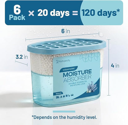Premium Moisture Absorbers and Dehumidifier Tubs – High-Efficiency Closet Dehumidifier, Ocean Scent, 6 Pack, 7.5 Oz